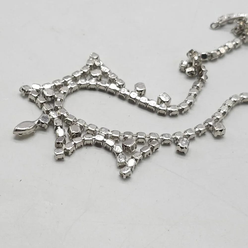 Silver Rhinestone Choker Necklace With Elegant Dangling Teardrop Pendant 15 in